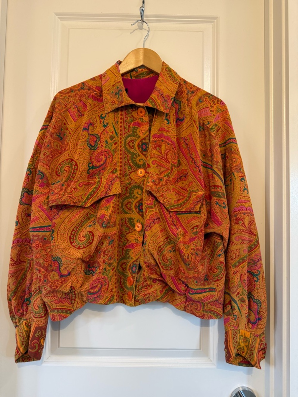 VTG Ellen Tracy 100% Silk Paisley Cropped Jacket estimated 8/10 Orange Pink*read